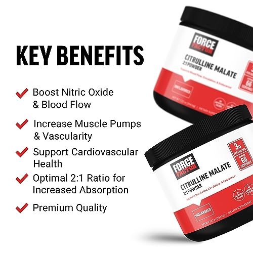 Image of Force Factor Citrulline Malate 2:1, L Citrulline Supplement for Men to Boost Nitric Oxide, Blood Flow, Muscle Pumps, and Performance, L Citrulline Powder Pump Supplement, Unflavored, ~66 Servings