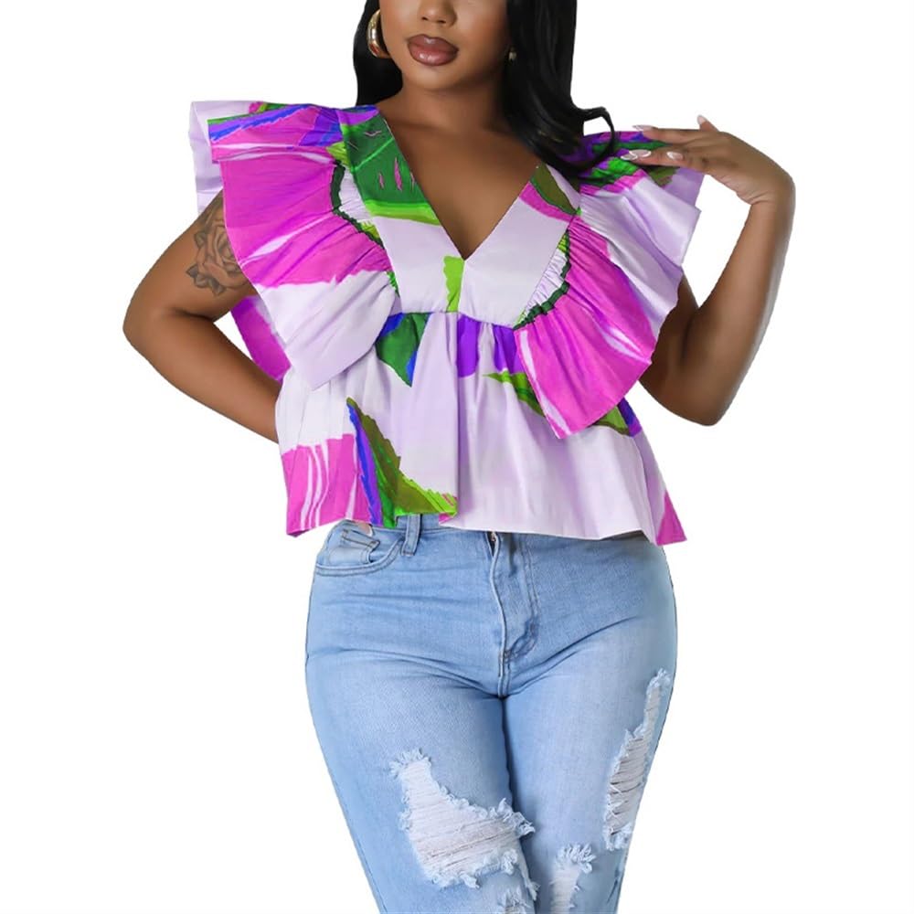 2024 Verano Mujer Sexy V Cuello Volantes Manga Casquillo Tops Sueltos Casual Más Tamaño Camisas Volantes Dobladillo Cómodo Blusa