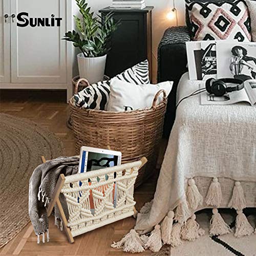 Sunlit Boho Macrame Magazine Rack, Decorative Books Magazines Newspaper Holder, Towel Storage Basket, Bohemian Rustic Home Decor, for Bedroom Living Room Nursery Office, Handmade Boho Woven Room Decor - Thumbnail 7