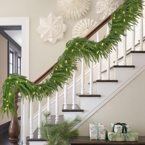 2PCS 9FT Norfolk Pine Garland with 100 Lights, 120 Pine Branches, Realistic Christmas Garland Holiday Greenery Artificial Cedar Garland for Stairs Mantel Table Wall Christmas Decorations