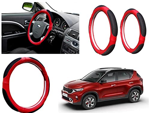 Image of Microfiber Car Steering Wheel Cover, Soft Padding Great Hand Feel, Anti-Slip, Faux Leather Steering Cover for Kai Sonet | Black Red Jali - Pack of 1