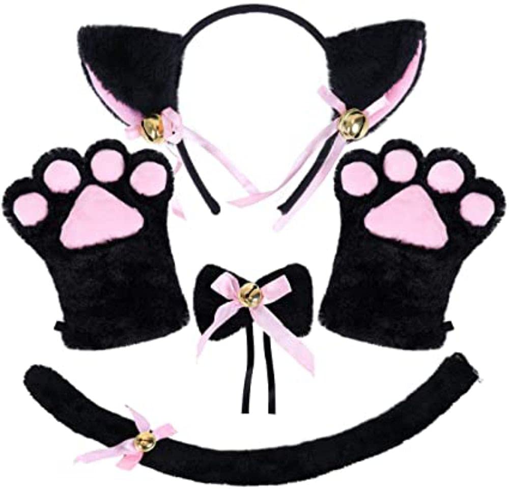 Cosplay Cat Ears & Tail Set, Faux Fur Animal Cat Fox Wolf Long Tail Ears Kit Halloween Costume Valentine’s Day Fancy Dress Up Accessories Sexy Cute Hair Clips Party Props for Women