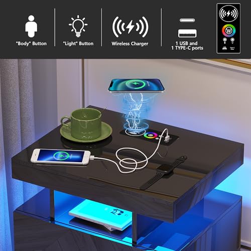 Image of HNEBC Auto LED Nightstands Set of 2,Modern Bedside Table with USB Ports & Wireless Charging Station,High Gloss Bedside Tables with 2 Drawers,Nightstands for Bedrooms /Living Room /Office (Black)