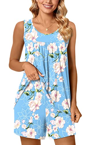 Popyoung 2023 Women's Pajamas Sets, Summer Sleevelesss Tank Tops With Comfy Shorts, Lounge Sleepwear 2 Piece Ladies Pjs Sets With Pockets Xl, Floral Blue #TOP1