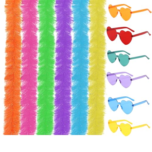 AWAVM 6 Stück 6,6 ft bunte Klappdeckel Boas 6 Stück Sonnenbrille ohne Rahmen Boas Federn Boa Kostüm Federn Boa Kostüm für Cosplay, Halloween (12...