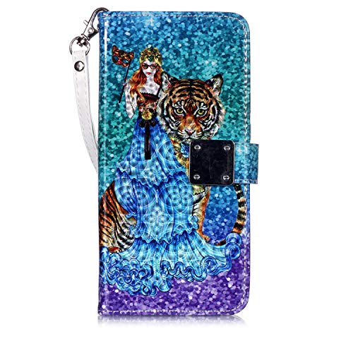 Reevermap Samsung Galaxy M30 Case Glitter PU Leather Shiny Bumper with Card Holder, Protective Flip 3D Cover for Samsung Galaxy M30 Wallet Kickstand Magnetic Closure, Girl & Tiger