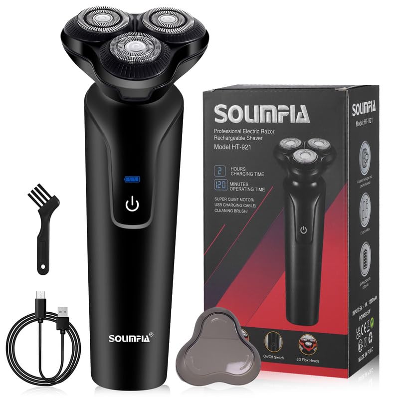 Image of SOLIMPIA HT-921 Cordless Rechargeable Waterproof 3 Head Electric Shaver Wet & Dry Rotary Shavers for Men Super-Fast Charge 120 minutes Runtime with LED Indicator, Black