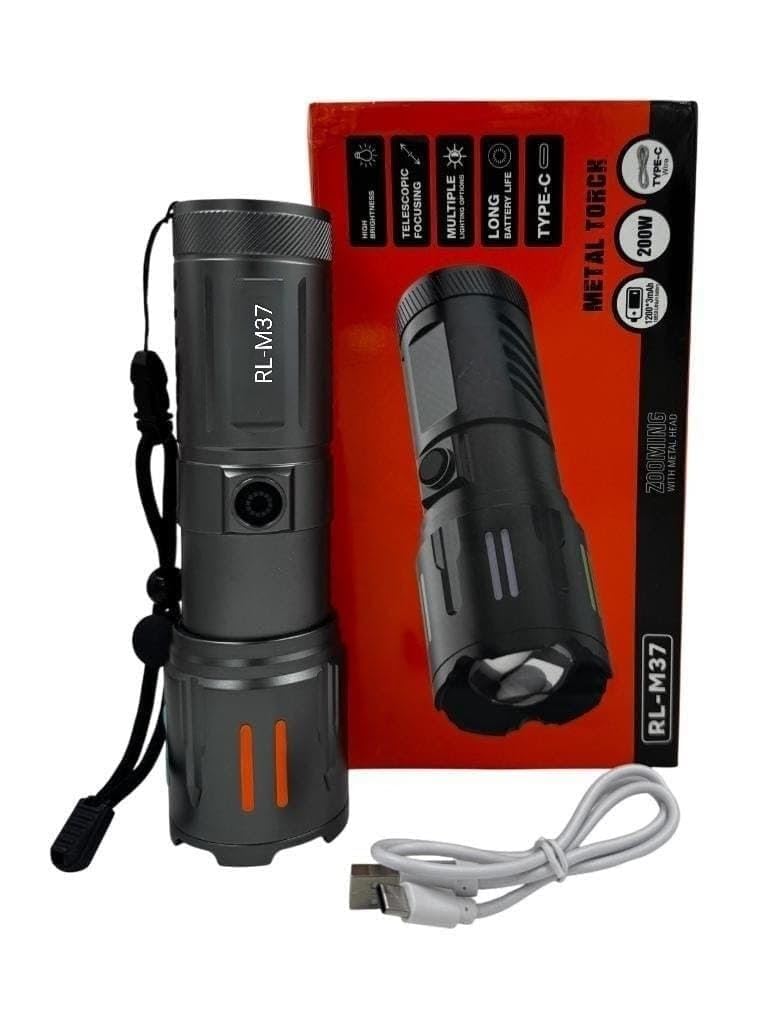 PICSTAR RL-M37 200W Super Bright LED Torch | Heavy Duty Metal Body | 3600mAh Rechargeable Battery | Type-C Fast Charging | Zoomable Long Range Flashlight-picture-32