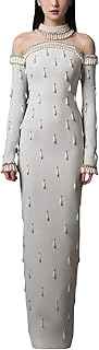Women's Designer Prom Dress Mesh Diamonds Beaded Long Sleeved Floor Length Maxi Long Formal Evening Party Dresses