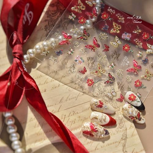 Image of NBNTGH Nail Stickers Flower Nail Stickers - Gold Trim Sparkle Self Adhesive Nail Decals with Handwritten Lettering for Luxury Manicure DIY Decoration (1 Sheet)