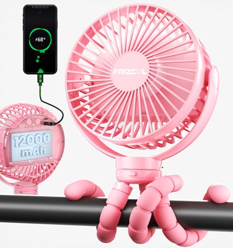 Image of FRIZCOL 12000mAh Portable Stroller Fan, Use As Power Bank, 65H Battery Operated Fan Flexible Tripod Clip On Fans, Detachable Personal Handheld Baby Fans for Stroller, Car seat, Desk, Treadmill（Pink）