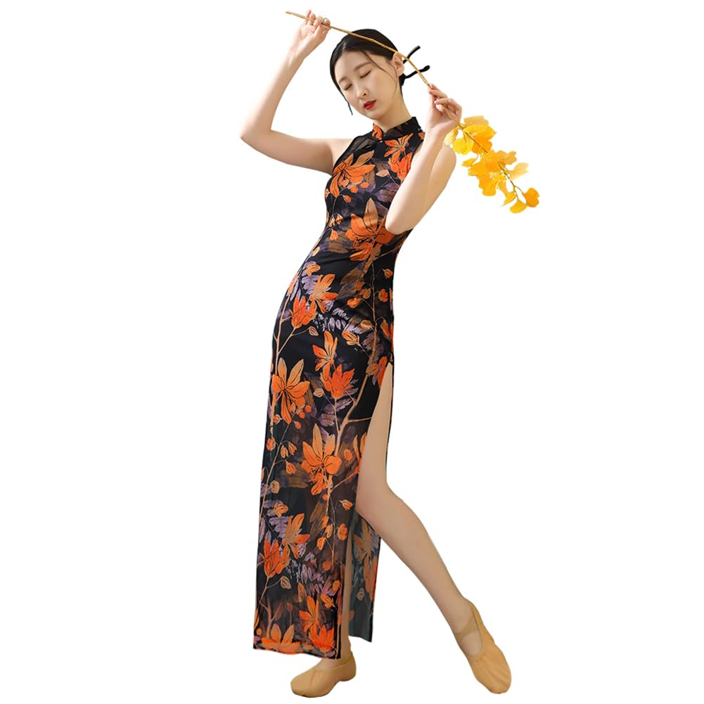 ROYAL SMEELA Vestito Qipao Senza Maniche Donna Abito Cheongsam Stampa Sexy Abito Qipao Cheongsam Tradizionale Cinese Costume Cinese Nero Vestito Cheongsam Cinese Qipao Fessura Abito Qipao Lungo