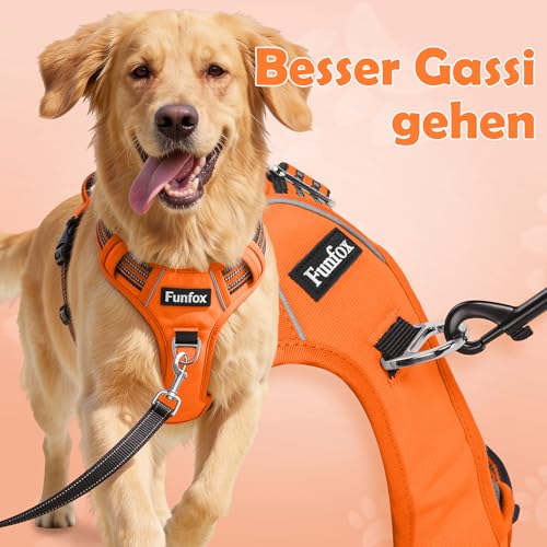 Funfox Hundegeschirr Mittelgroße Hunde [L] - Verstellbares Anti-Zug Brustgeschirr mit Griff & Reflektorstreifen, Atmungsaktives No Pull Hundegeschirr für Grosse/Kleine Hunde Outdoor Orange