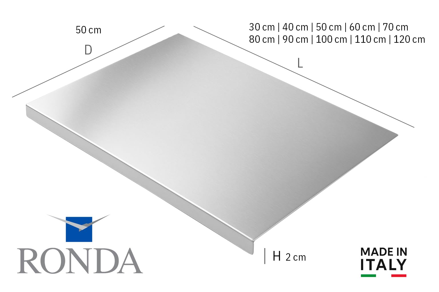 RONDA Tagliere Spianatoia Acciaio Inox 60x50 cm - Piano da Lavoro Alimentare Professionale, Antibatterico e Antiscivolo con Piega 2 cm per Impastare Pizza, Pane e Pasta - Made in Italy