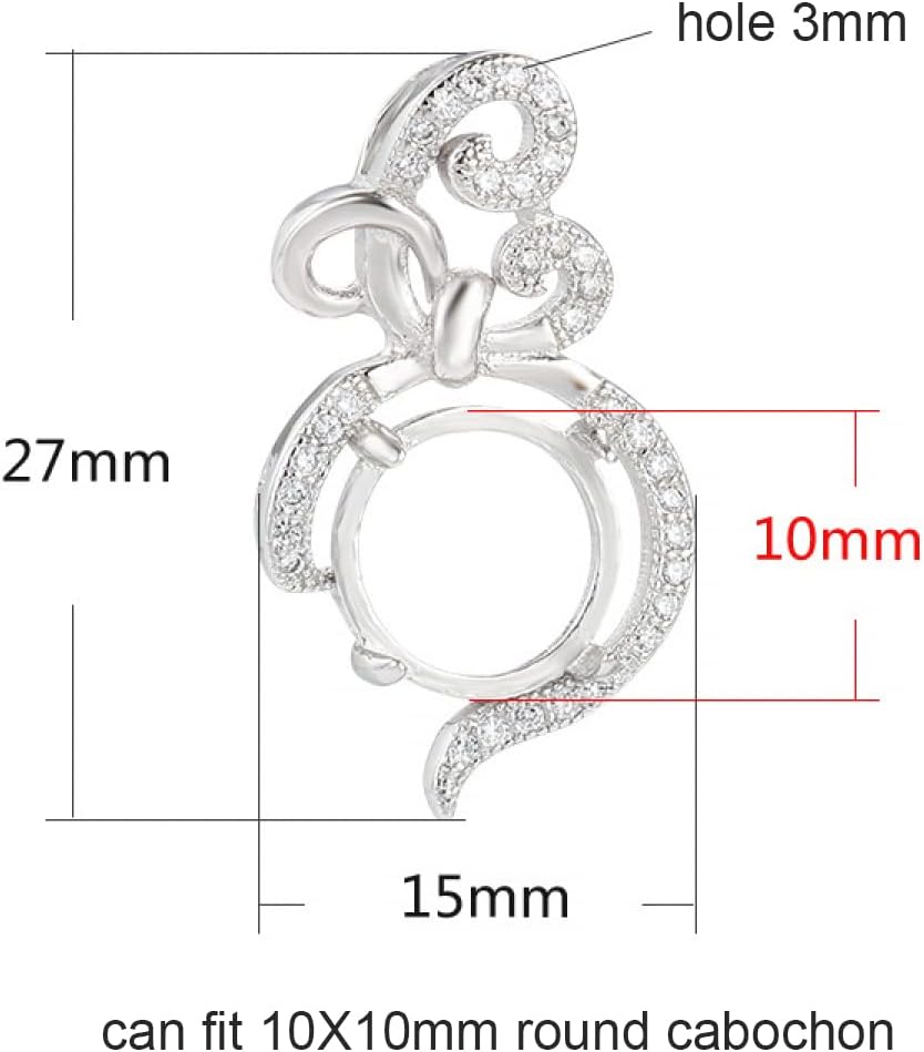 Solid 925 Sterling Silver CZ Pendant Base Blank fit 10X10mm Round gemstone Bezel Cup Tray for DIY Jewelry Making Craft(Platina Color)