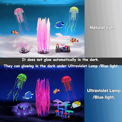 Image of Lpraer 5 Pack Glow Aquarium Decorations Kelp Coral Mushroom Sun Flower Jellyfish Simulation Glow Plant Glowing Effect Silicone for Fish Tank Decorations