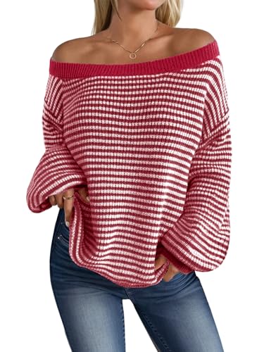 MARZXIN Women's 2025 Fall Long Sleeve Sweaters Casual Loose Striped Off The Shoulder Casual Oversized Knitted Sweater Pullovers Red M