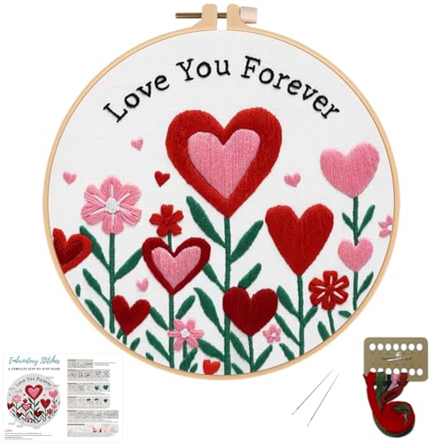 Image of Nuberlic Valentine Embroidery Kit for Beginners - Heart Floral Design Adults Starter Cross Stitch Kit DIY Needlepoint with Hoop, Pre-Printed Fabric, Threads & Step-by-Step Guide