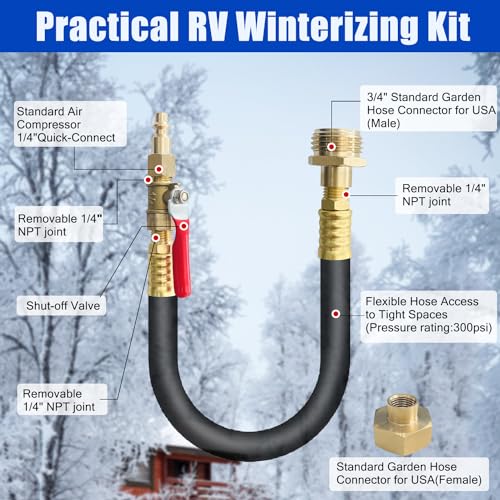 Image of RV Winterizing Kit, 16 Inch Sprinkler Blowout Hose Adapter Kit with Shut Off Valve, Air Compressor Quick Connect Water Blowout Fitting Plug for Boat Camper Travel Trailer