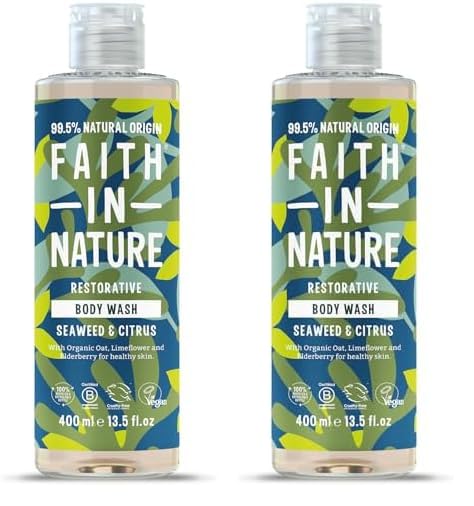 Faith In Nature Natural Seaweed and Citrus Body Wash, Restorative Shower Gel, Vegan and Cruelty Free, No SLS or Parabens, 400 ml (Pack of 2)