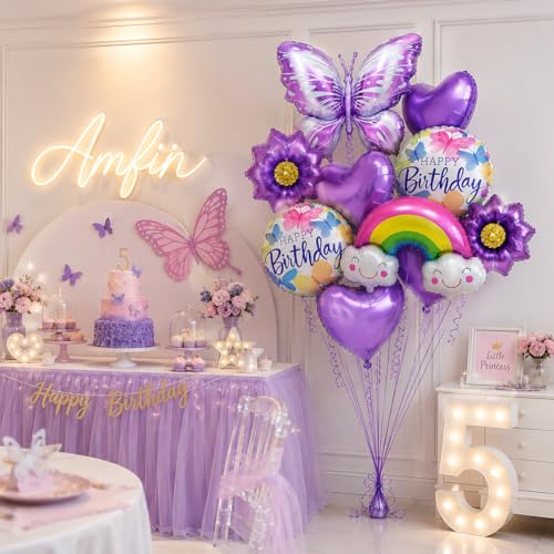 Image of AMFIN (Pack of 8) Butterfly Theme Birthday Balloon Bouquet Purple Metallic Finish Foil Women Girls Decoration Item Kit Rainbow Flower