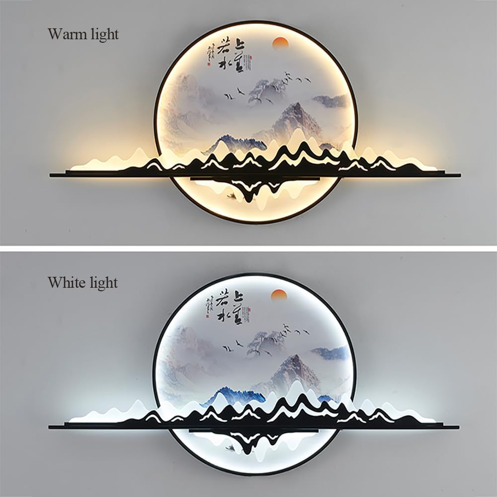 Lámparas de pared modernas LED mural de paisaje circular creativo chino lámpara de estudio de la Sala de estar del hogar (A D60cm 1pcs)