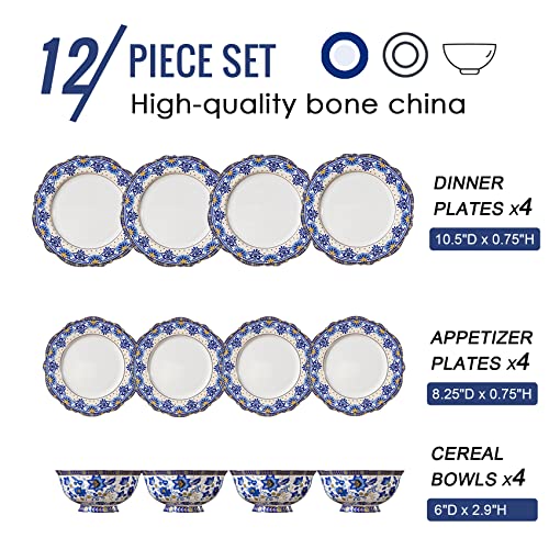 Acmlife Bone China Dinnerware Set For 4, 12-Piece Vintage Floral Dinnerware Set, Lightweight Kitchen Plates And Bowls Set, Blue #TOP5