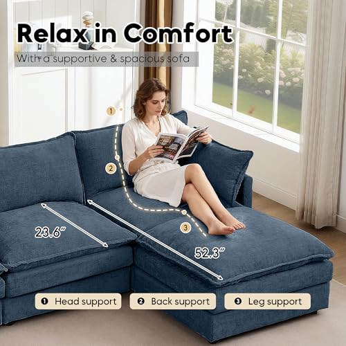 Image of 102 inch L Shaped Modular Sectional Sofa, Comfy Upholstery Chenille Cloud Couch with Ottoman, Modern 4-Seat Deep Seat Sofa with Pillow for Living Room, Bedroom, Apartment, Navy Blue