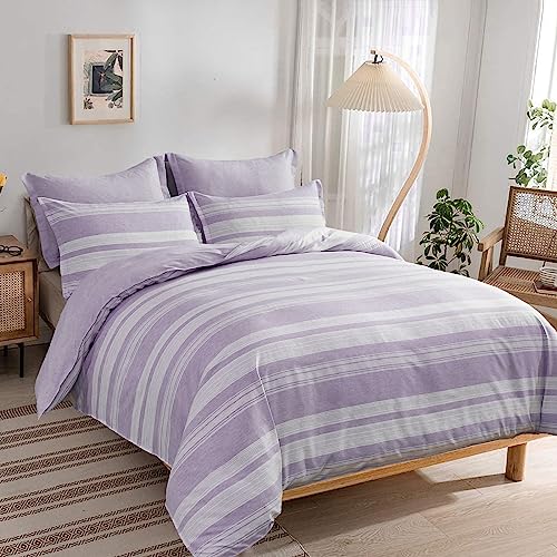 Stripe Duvet Cover King Size Lilac Reversible Quilt Cover Soft Microfiber Bedding Set with 2 Pillow Cases (Liac, 220x230cm)