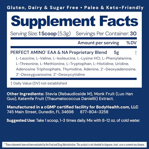Image of BodyHealth PerfectAmino - BCAA and EAA Powder for Pre and Post Workout - Amino Acid Energy Drink for Men and Women to Support Lean Muscle and Recovery - Unflavored (Lightly Sweetened) - 30 Servings