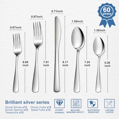 BEWOS 60 Piece Silverware Set - Stainless Steel Silverware Sets for 12 Include Spoon, Forks, Knives, Mirror Polished Flatware Set for Home, Kitchen, Restaurant, Dishwasher Safe - image 2