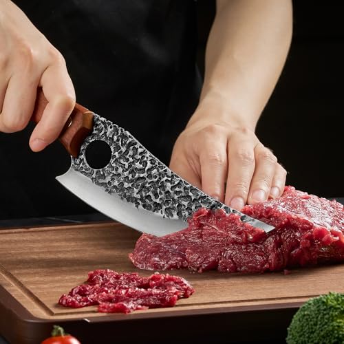 Image of Viking Chef Knife with Premium Leather Sheath - Japanese Kitchen Knife for Meat Cutting, BBQ, Camping, Cooking, Ergonomic Handle Gift for Men