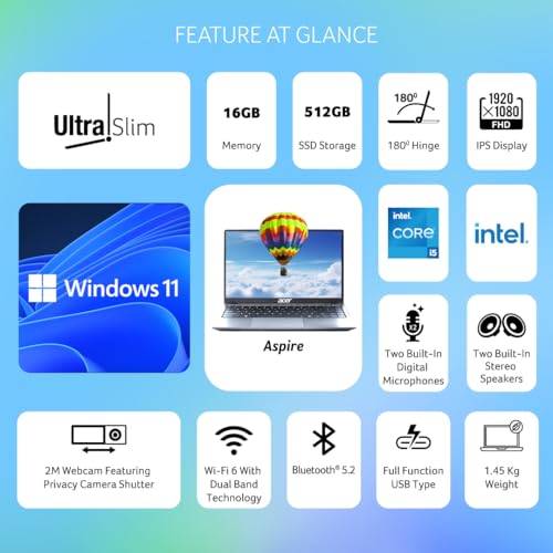 Image of Acer Aspire 3,13th Gen, Intel Core i5-1334U Processor, 16 GB RAM, 512 GB SSD, Full HD IPS, 14.0 inch /35.56 cm, Win 11 Home, MS Office,Steel Gray, 1.45 kg, A324-53, Backlit Keyboard,Thin and Light Laptop