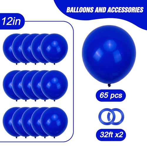 Image of RUBFAC Royal Blue Balloons 65pcs, 12 Inch Party Balloon with Ribbons for Birthday, Baby Shower Graduation Baseball Nautical Party Decorations