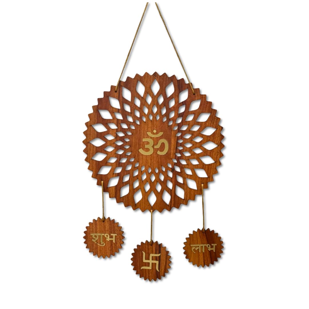 Gloridec Wooden OM Wall Hanging with Shubh Labh & Swastik | Spiritual Wall Décor for Home Entrance, Puja Room & Living Room | Festival Decoration & Housewarming Gift-image-32