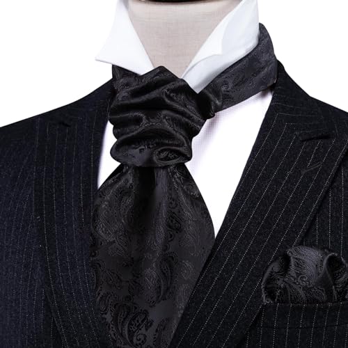 Image of Barry.Wang Ascot Ties Cravat Tie Men Paisley Plaid Scarf Self Tie Pocket Square Cufflinks Set Wedding Party