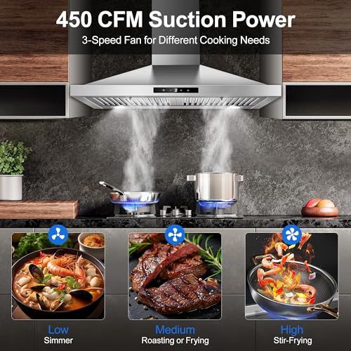 Tieasy Range Hood 30 inch, Vent Hoods 30 inch Stainless Steel, 450 CFM Ductless/Ducted Convertible Kitchen Hood with LED Light Baffle Filters, 3 Speed Exhaust Fan,Touch Control by Tieasy - Used condition - Image 2