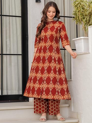 Image of rytras Women Pure Cotton Printed A-Line Kurta Sets with Palazzos|Kurti Set for Woman|Cord Set for Women Cotton