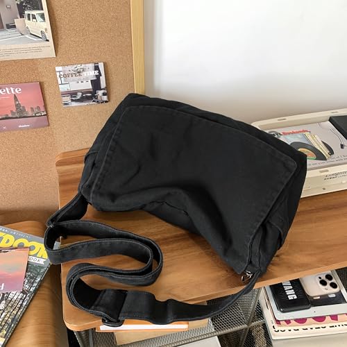 Wxnow Versatile Canvas Shoulder Tote Shopping/Work/Travel Ready Thin Water-Resistant Fabric Unisex Minimalist Daily Bag (Black)4