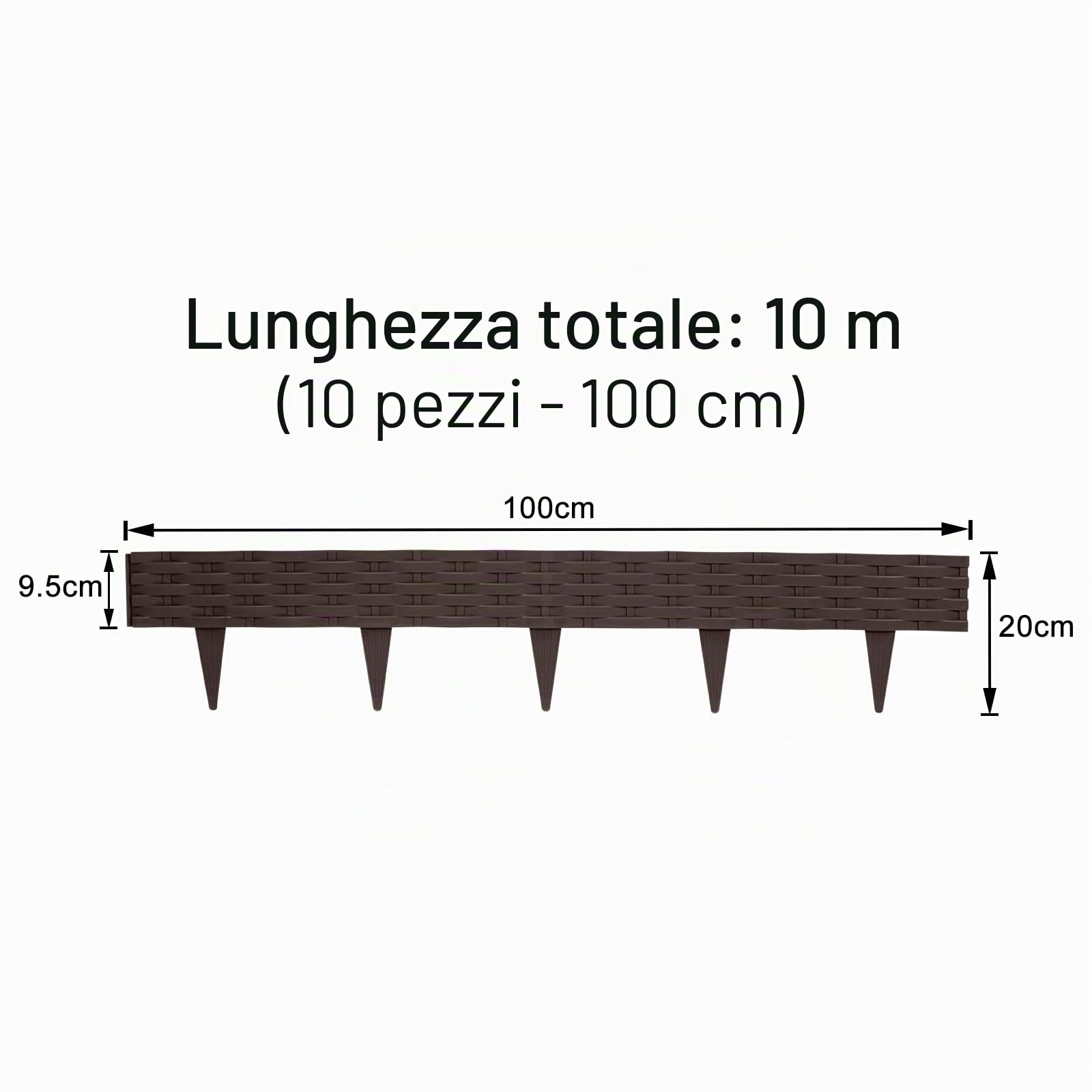 ACXIN Bordo per aiuole da giardino, 10 m, effetto rattan, con 10 elementi da 100 cm, bordo per aiuole da giardino, rotondo, in plastica, resistente ai raggi UV (10 pezzi, marrone)
