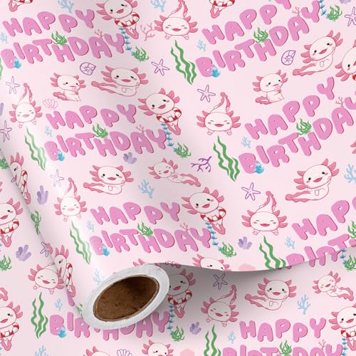 RUSPEPA Birthday Wrapping Paper Roll for Girls, Mini Roll, Cute Axolotl and Underwater Design with "Happy Birthday" Text, Pink Gift Wrap Perfect for Kids Theme Party, 43.2cm x 5m