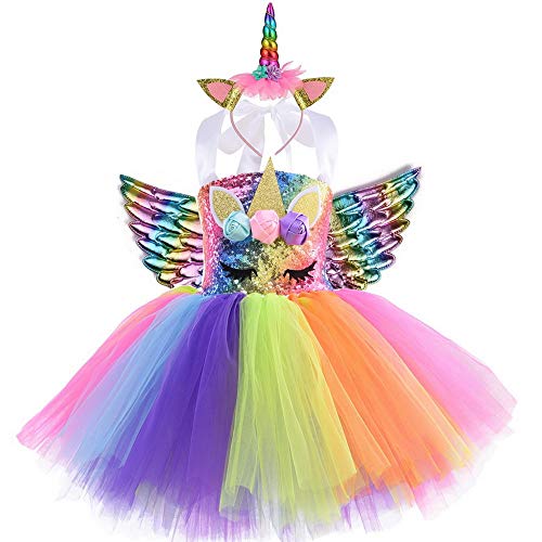 yeesn Disfraz de Unicornio para niñas Unicornio Vestidos Princesa Niña Fiesta de Tul Tutu Disfraz Halloween Partido Princesa (5-6 años, Arco Iris) Cover