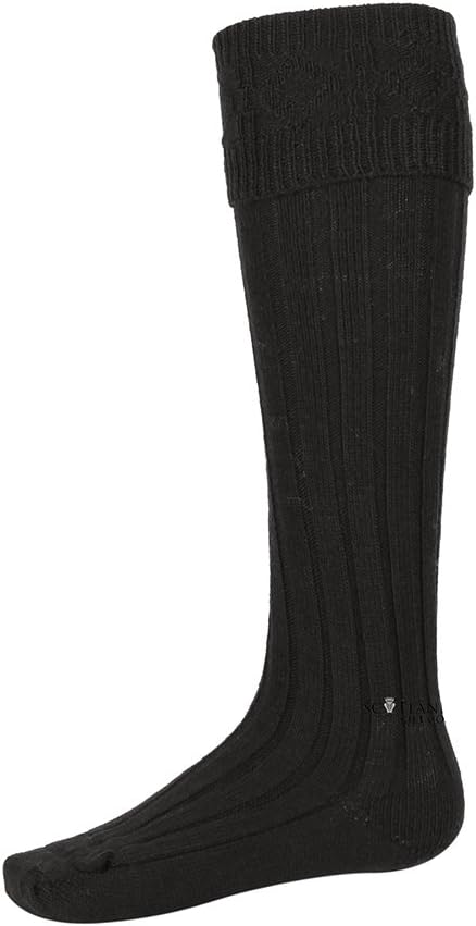 Men's Scottish Wool Blend Gents Kilt Hose Socks in Black Knitted Ribbed Soft Stretchy Casual