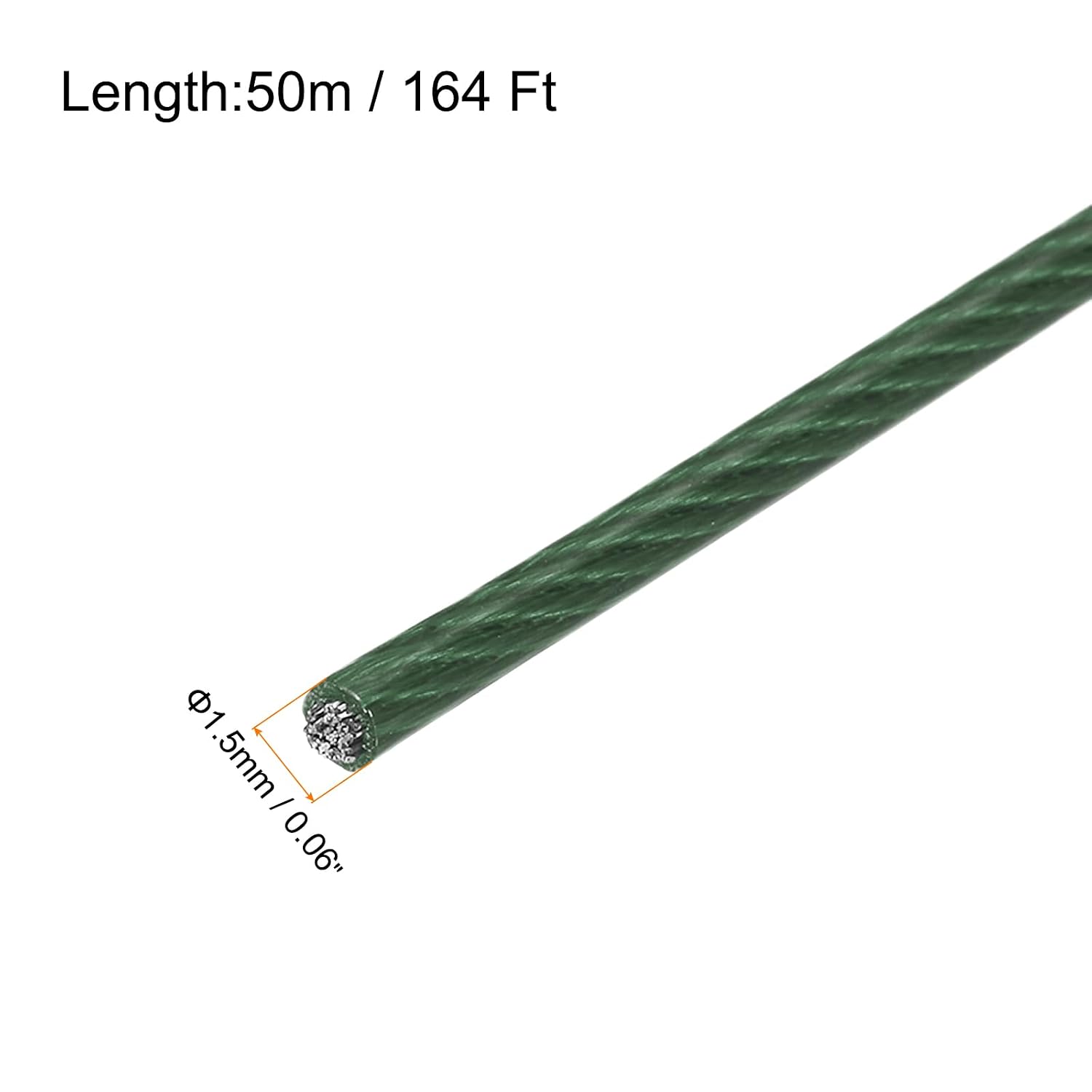 MECCANIXITY 164Ft(50M) Wire Rope 304 Stainless Steel Cable 1/16" (1.5 mm) Vinyl Coated with 10Pcs Aluminum Sleeves for Hanging, Clotheslines, Lifting Green
