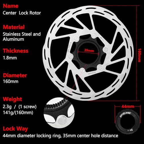 DYISLAND 2 Pcs Bike Centerlock Disc Brake Rotor Center Lock Rotors, 160mm 180mm, MTB, Bicycle Brakes Rotors with 2 Lock Rings Stainless Steel for E-bike BMX MTB Mountain Bike Road Bike (160mm)