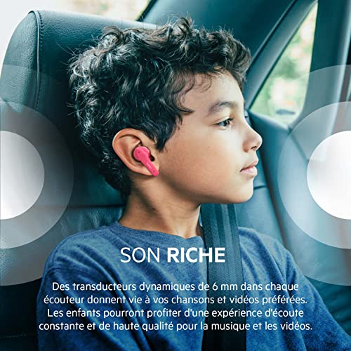 Belkin SOUNDFORM Nano, écouteurs enfants True Wireless, limite de 85 dB (protection auditive), apprentissage en ligne, école, certifié IPX5, 24 h de lecture pour iPhone, Galaxy, Pixel, etc.– Rose