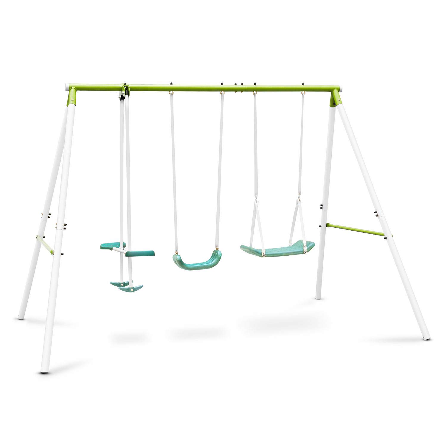 Oneconcept Olav - Columpio de jardín Infantil, Exteriores, hasta 4 niños de 3 a 8 años, Peso máx. 120 kg, Balancín con Asiento y reposapiés, Acero, Asientos plástico, Cian