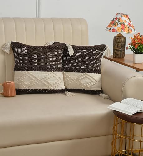 Hand Tufted Cotton Cushion Cover with Tassels | Textured Geometric Throw Pillow Case for Sofa, Couch, Bed & Living Room | Boho Farmhouse Home Décor | 16x16 Inch (40x40 cm) Pack of 1