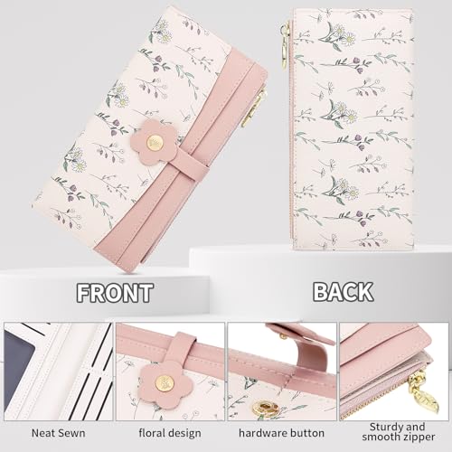 Image of Farcauo Long Floral Womens Wallet Cute Wallets for Women Pink Women's Wallet Kawaii Flower Card Wallets for Women Ladies