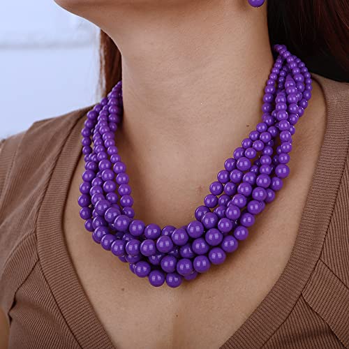 Aimimier 1920S Multilayer Twisted Beads Cluster Necklace With Earrings Collar Bib Choker Necklace Fashion Jewelry For Women (Purple) #TOP2